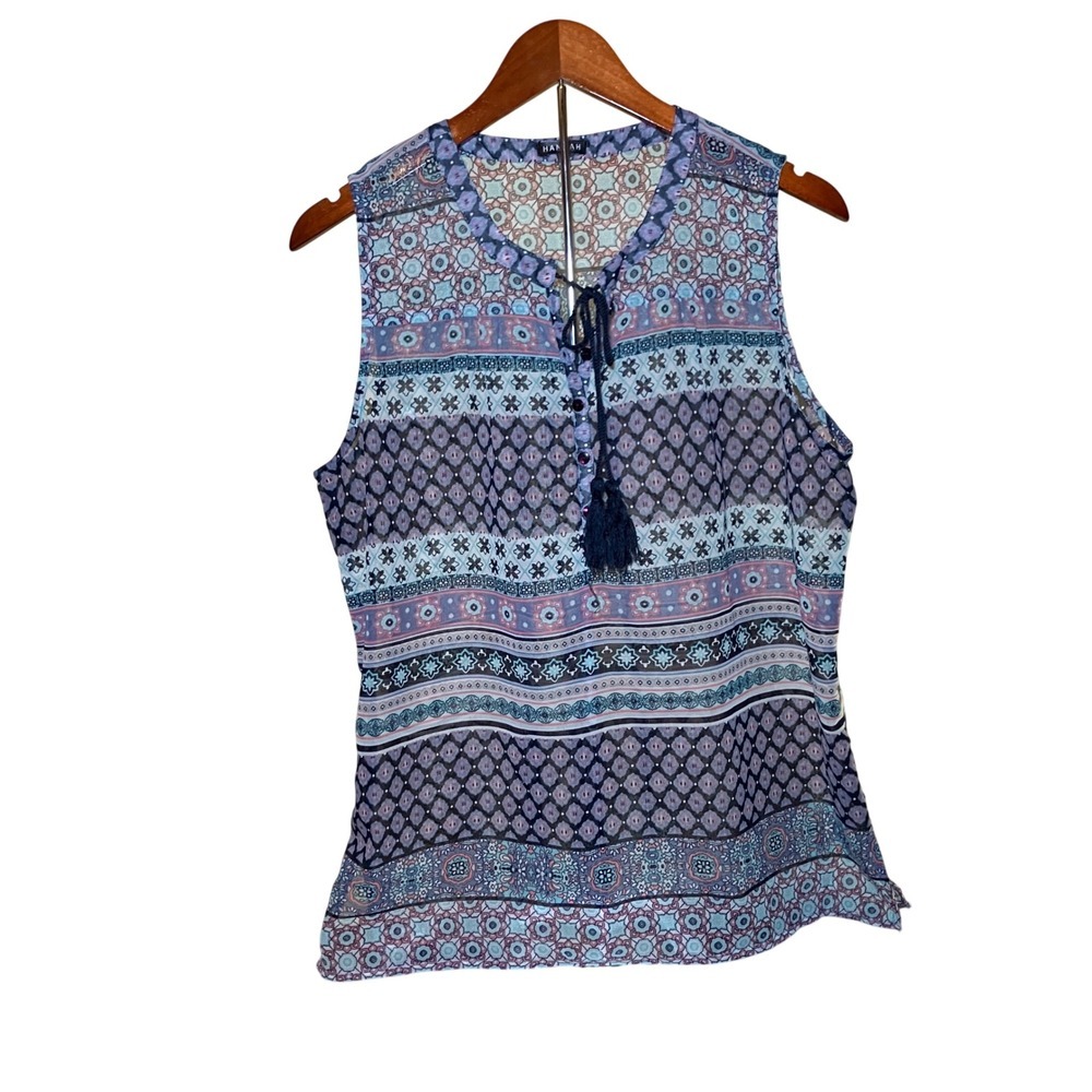 Hannah Sleeveless Blouse Women's XL Blue Multi  Boho Festival Tassel Tie Top